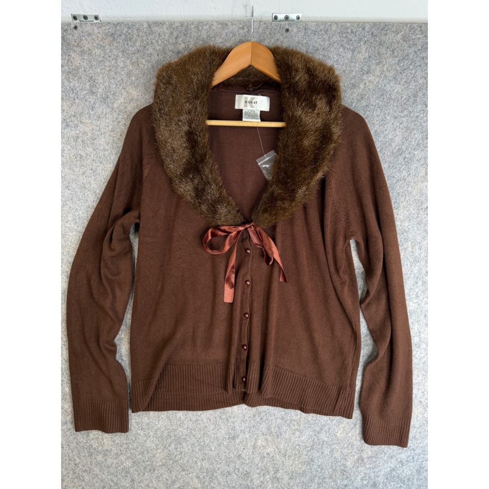 Vintage Whimsigoth Faux Fur Trim Cardigan Womens XL Brown Ribbon Tie Y2K 90s